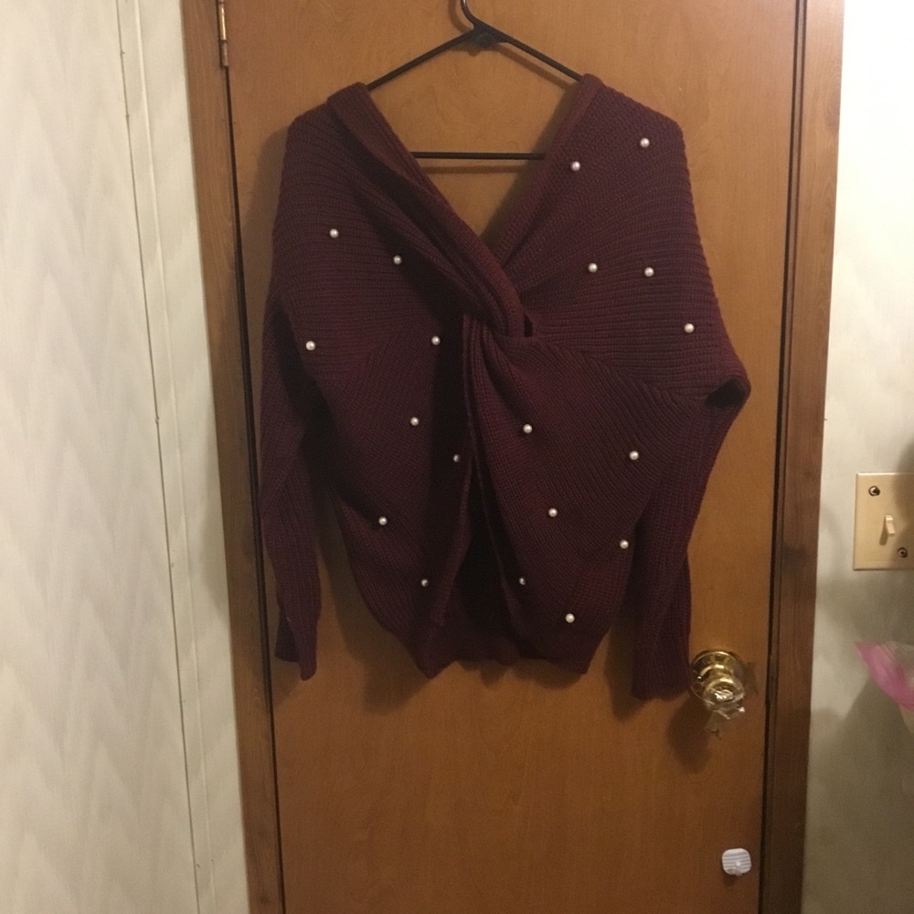 Pearl-Trim Off-the-Shoulder Knit Sweater - Burgundy XL